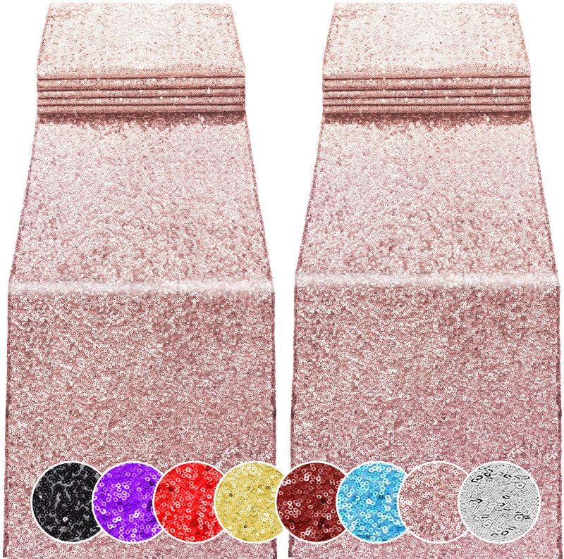 Photo 1 of 2 Pack 12 x 108 inches Sequin Table Runner for Birthday Wedding Bridal Shower Baby Shower Bachelorette Holiday Celebration Party Decorations Tables Supplies (2, Rose Gold)
