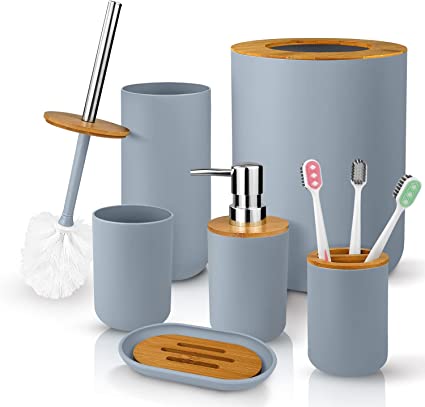 Photo 1 of  Pcs Bamboo and Plastic Bathroom Accessories Sets, Includes Toothbrush Cup, Toothbrush Holder, Soap Dispenser, Soap Dish, Toilet Brush with Holder, Trash Can, with 3 Pcs Toothbrushes (Grey