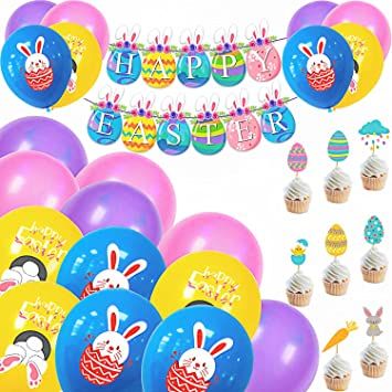 Photo 1 of 29 Pieces Easter Party Decorations Set with Happy Easter Banner, Easter Bunny Egg Balloons, Easter Cupcake Topper Ornaments for Home Office School Easter Theme Party Decor Supplies