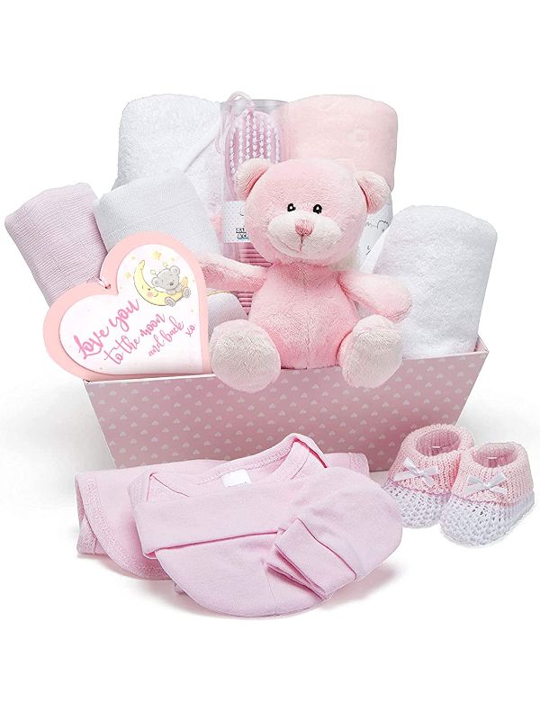 Photo 1 of Baby Girl Pink Gift Hamper - with Fleece Wrap, Hooded Towel, Baby Clothes, 2 Muslin Cloths and Cute Teddy Bear
