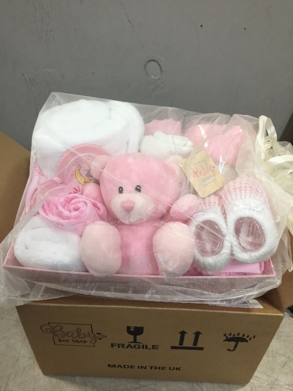 Photo 2 of Baby Girl Pink Gift Hamper - with Fleece Wrap, Hooded Towel, Baby Clothes, 2 Muslin Cloths and Cute Teddy Bear
