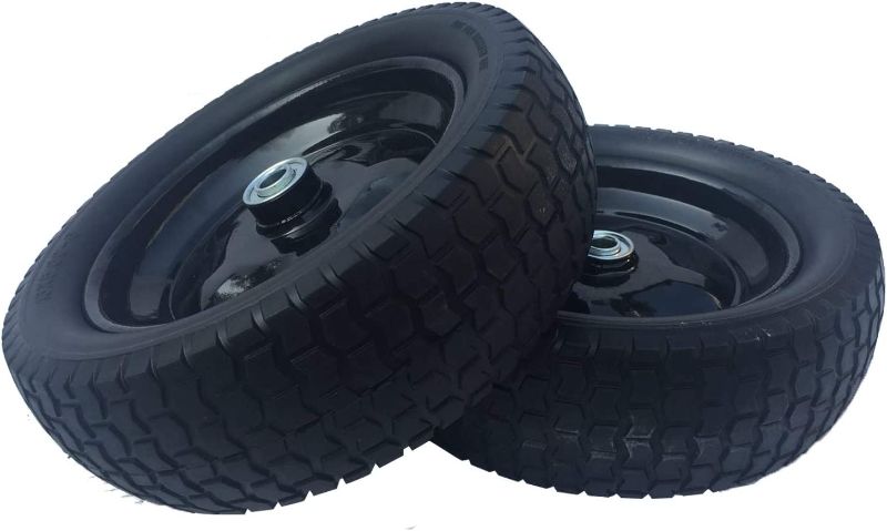 Photo 1 of 2 Pack Small 13x5.00-6 Flat Free Tire,Turf Tread,2.25"offset hub with steel rim ,5/8" ball bearing , Tire OD:299-309mm,12'',Tire SW:88.5-94.5mm, PU Foam wheel,small solid trolley wheel
