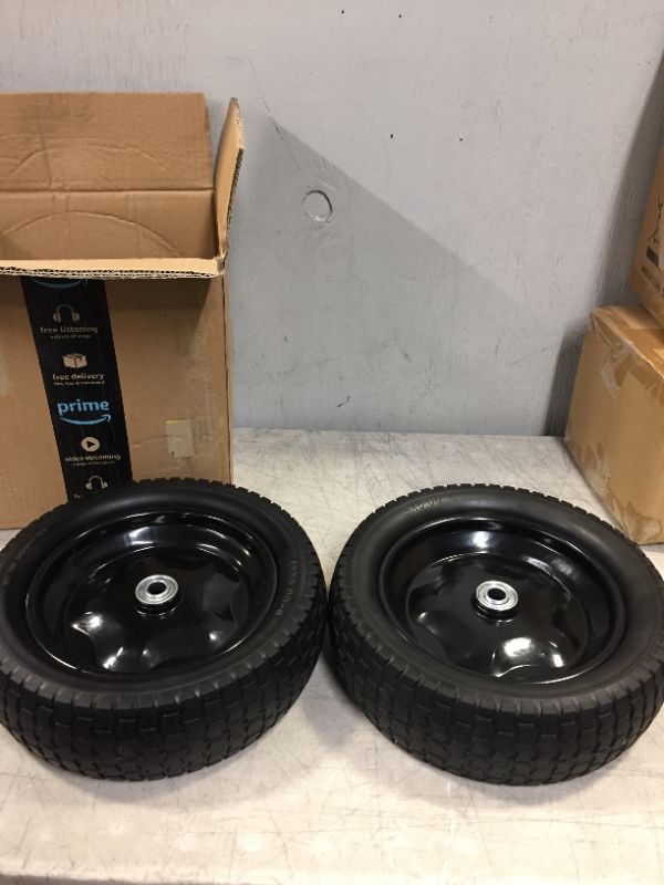 Photo 2 of 2 Pack Small 13x5.00-6 Flat Free Tire,Turf Tread,2.25"offset hub with steel rim ,5/8" ball bearing , Tire OD:299-309mm,12'',Tire SW:88.5-94.5mm, PU Foam wheel,small solid trolley wheel
