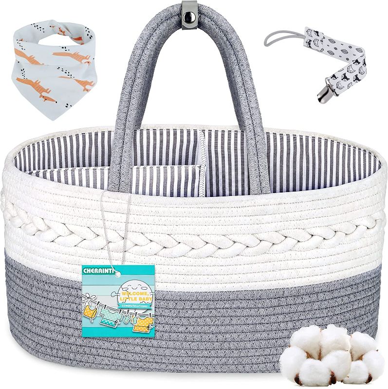 Photo 1 of Baby Diaper Caddy Organizer, Cotton Rope Diaper Storage Basket Portable for Newborn Baby Boys and Girls, Nursery Storage Bin for Changing Table Crib Car Travel with Essential Handle Locker
