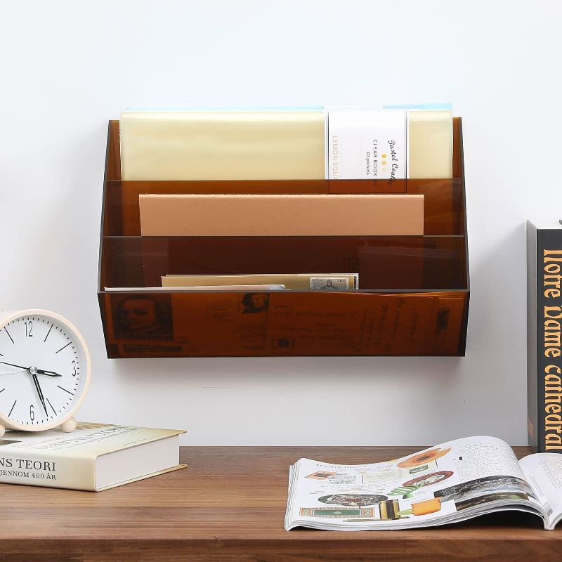 Photo 1 of MyGift Mid-Century Amber Acrylic Wall Hanging File Rack with 3 Slanted Compartments, Documents, Folders and Magazine Holder Rack
