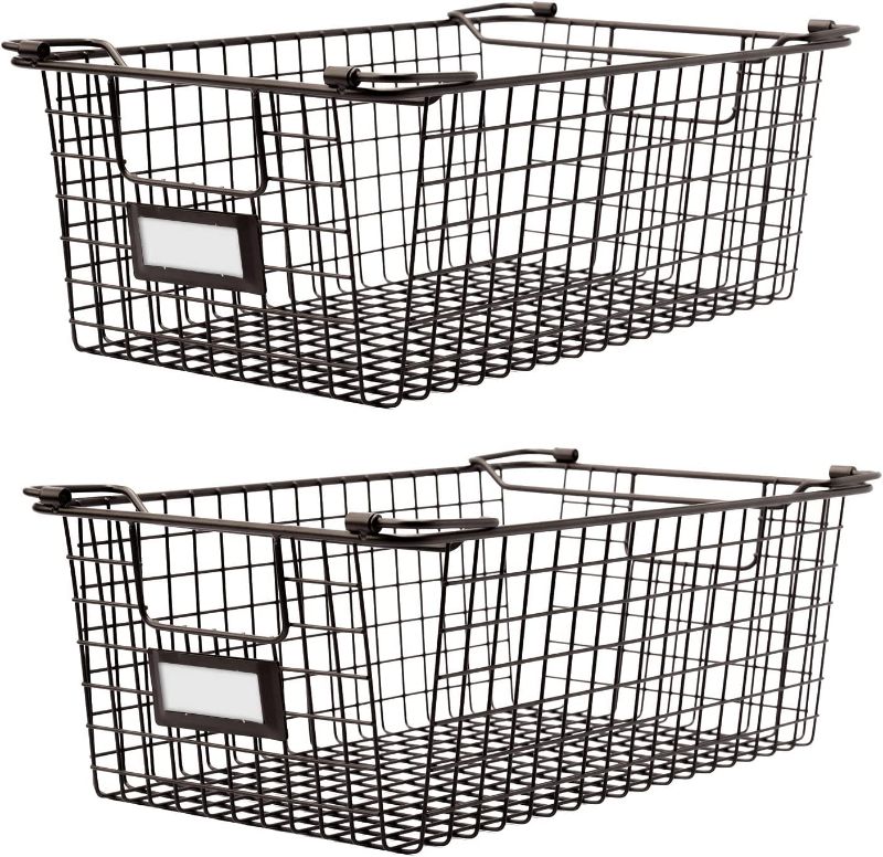 Photo 1 of 2 Pack Stackable Wire Storage Baskets With Handles, For Kitchen, Bathroom, Cabinets, Cupboards, Counter Top - Freezer & Pantry Organizer Bins, For Snacks, Drinks, Potatoes, Onions, Meat(Brown-XL)
