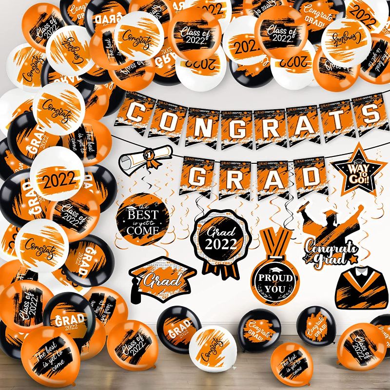 Photo 1 of 41 Pieces 2022 Graduation Party Decorations Congrats Grad Banner Class of 2022 Party Supplies Graduation Party Hanging Swirls Balloons for Grad Party Decoration Supplies (Orange and Black)
