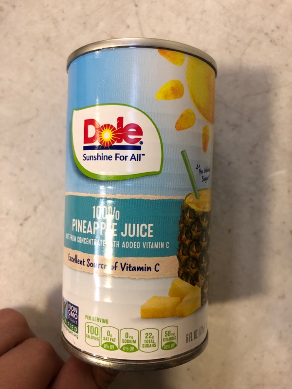 Photo 1 of 100% DOLE PINEAPPLE JUICE  6 OZ CANS 9 PACK
EXP 10/02/2023