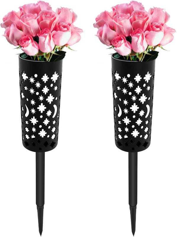 Photo 1 of 2 Pack Grave Vase Cemetery Vases Grave Flower Vases Grave Markers Flowers Holder Floral Memorial Plastic Decorations Cones with Long Spike Stakes and Drainage Holes for Headstone Gravestone-Black
FLOWERS NOT INCLUDED