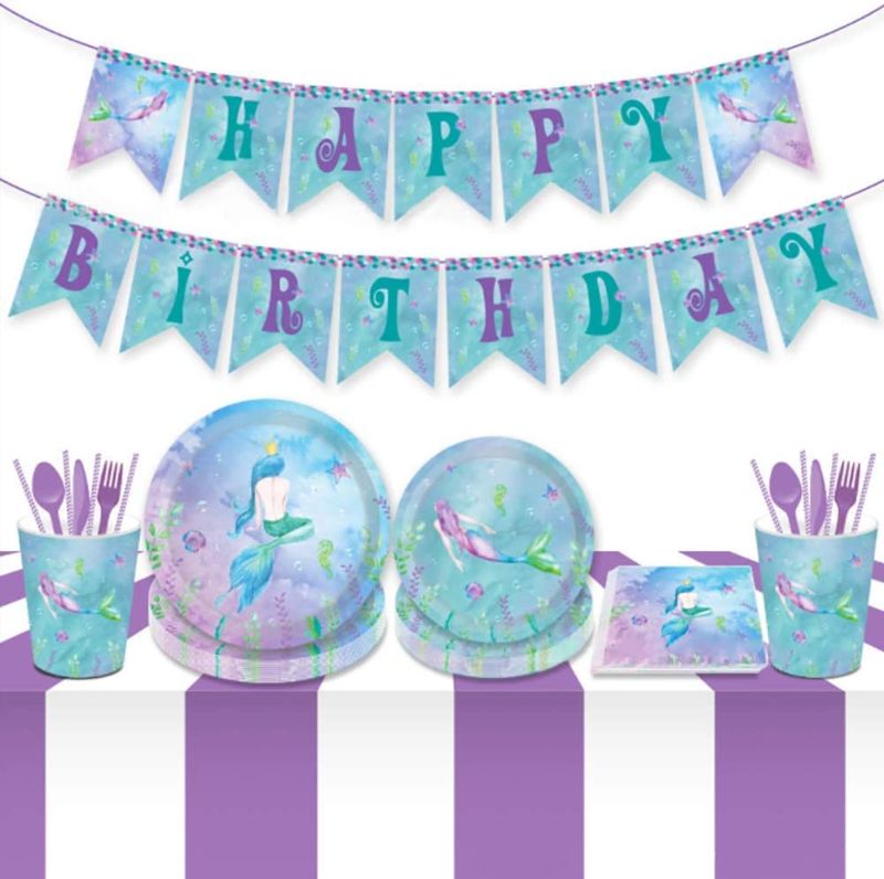 Photo 1 of Anor Wishlife Mermaid Birthday Banner,Party Supplies,Serves 8–Mermaid Dinner Plates,Dessert Plates,Mermaid Banner,Cups and Napkins(61PCS) Small