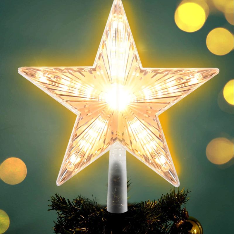 Photo 1 of 9 Inch Glitter Silver Star Tree Topper - Classic Star Tree Topper with 31 LED and Battery Powered Warm White Clear Tree Topper Light for Christmas Tree Decorations Christmas Ornaments
