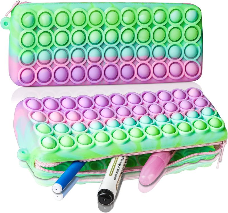 Photo 1 of ATESSON Pop Bubble Pencil case, Pencil Pen Case Sensory Silicone Toy, Stationery Storage Bag Decompression Toy for Kids, Office Stationery Organizer, Anti-Anxiety Toy for Kids and Adult (Green purple) 2 pack 
 