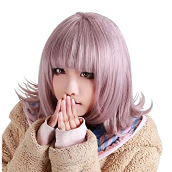 Photo 1 of ANOGOL Wig Cap+ Purple Short wig Bob Synthetic Hair Women's Wig with Bangs Fringe for Costume Purple Bob Wig for Halloween Christmas Party
