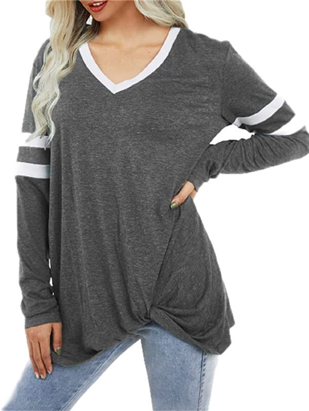 Photo 1 of Aoysky Womens Long Sleeve Cotton Blouse Casual Loose V Neck Twist Knot Tops Shirts
