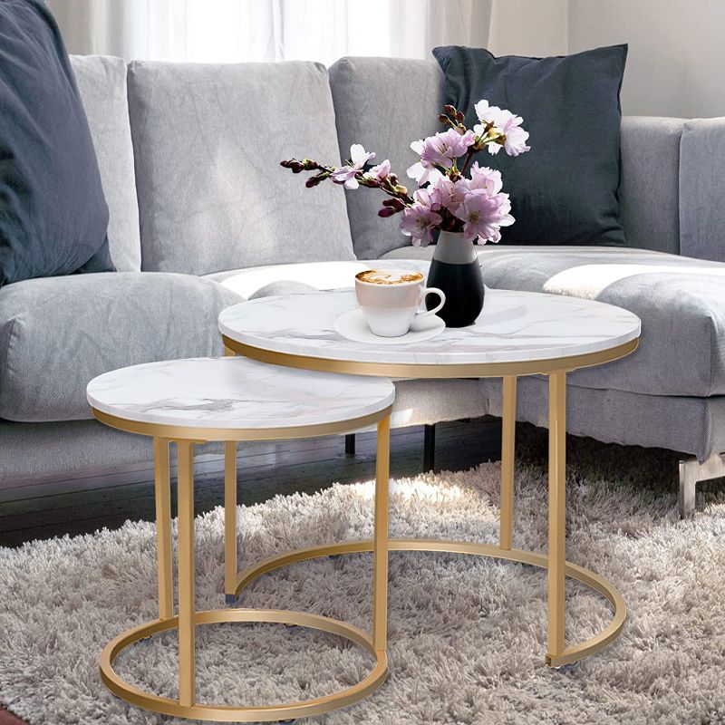 Photo 1 of aboxoo Coffee Table Nesting White Set of 2 Side Set Golden Frame Circular and Marble Pattern Wooden Tables, Living Room Bedroom Apartment Modern Industrial Simple Nightstand
