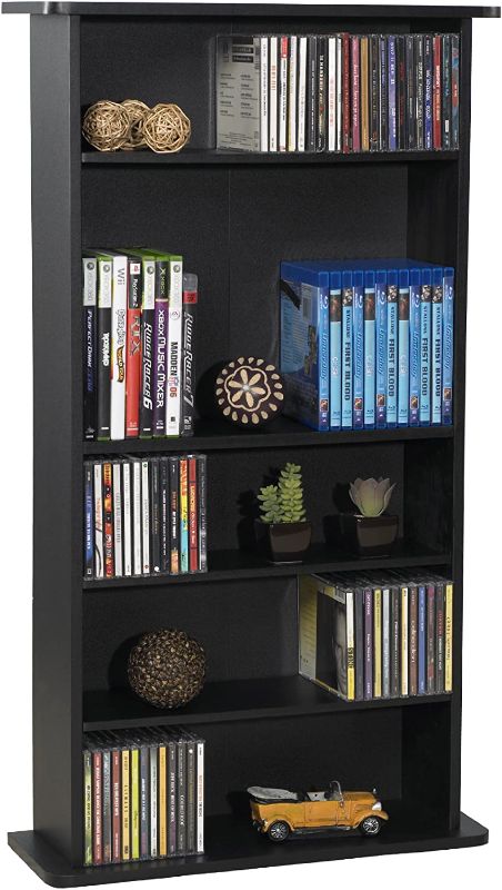 Photo 1 of Atlantic Drawbridge Media Storage Cabinet - Organize optical media, up to 240 CD, or 108 DVD, or 132 BD/Video Games, Adjustable Shelves, PN 37935726 in Black--------missing items and has no hardware-------minor scratches on the back of the wood due to usa