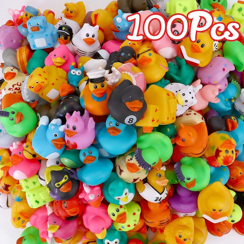 Photo 1 of 100 Pack Bulk Rubber Ducks for Kids Bath Toys and Jeep Ducks for Ducking ,Toddlers Floater Duck Bath Time Showers Accessories Birthday Party Gifts for Baby-------missing some items 
