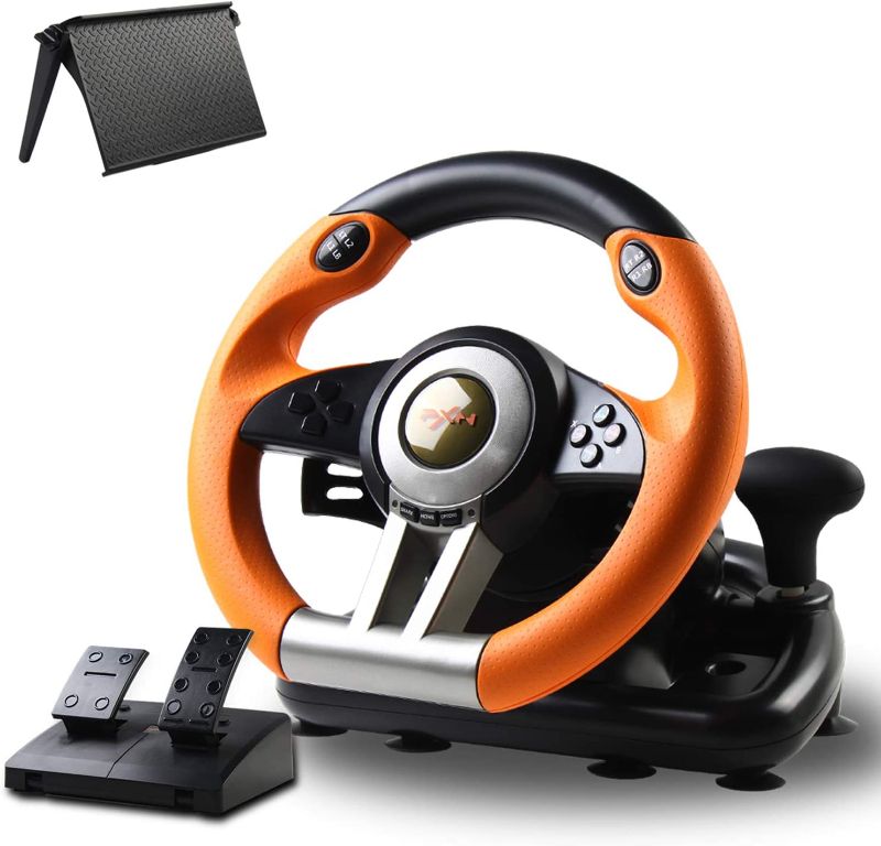 Photo 1 of Game Racing Wheel, PXN-V3II 180° Competition Racing Steering Wheel with Universal USB Port and with Pedal, Suitable for PC, PS3, PS4, Xbox One, Xbox Series S&X, Nintendo Switch - Orange
