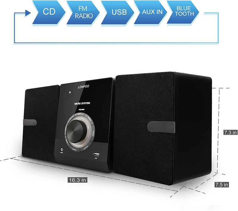 Photo 1 of LONPOO Compact Stereo Shelf Systems Bluetooth, with CD Player, FM Radio, Headphone Jack, USB Input, AUX-Input, 30W Micro Music Sound HiFi System
