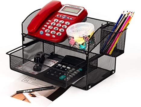 Photo 1 of VANRA Desk Organizer Set Metal Mesh Desktop Telephone Stand with Pencil Cup Holder, 2 Piece Black