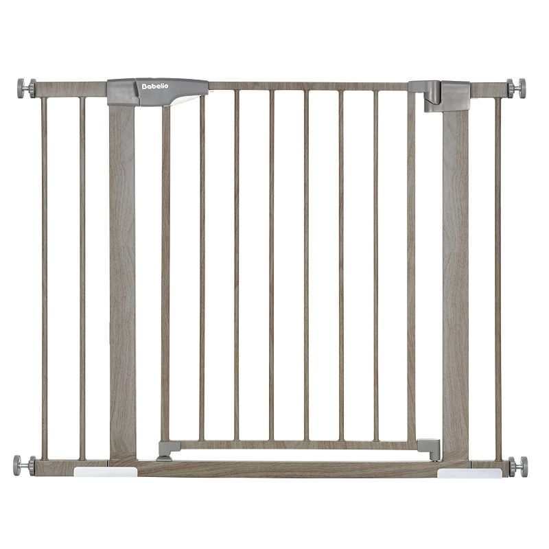 Photo 1 of Babelio Metal Baby Gate with Grey Wood Pattern, 29-40" Easy Install Pressure Mounted Dog Gate, No Drilling, No Tools Required, Ideal for Stairs and Doorways, with Wall Protectors and Extenders
