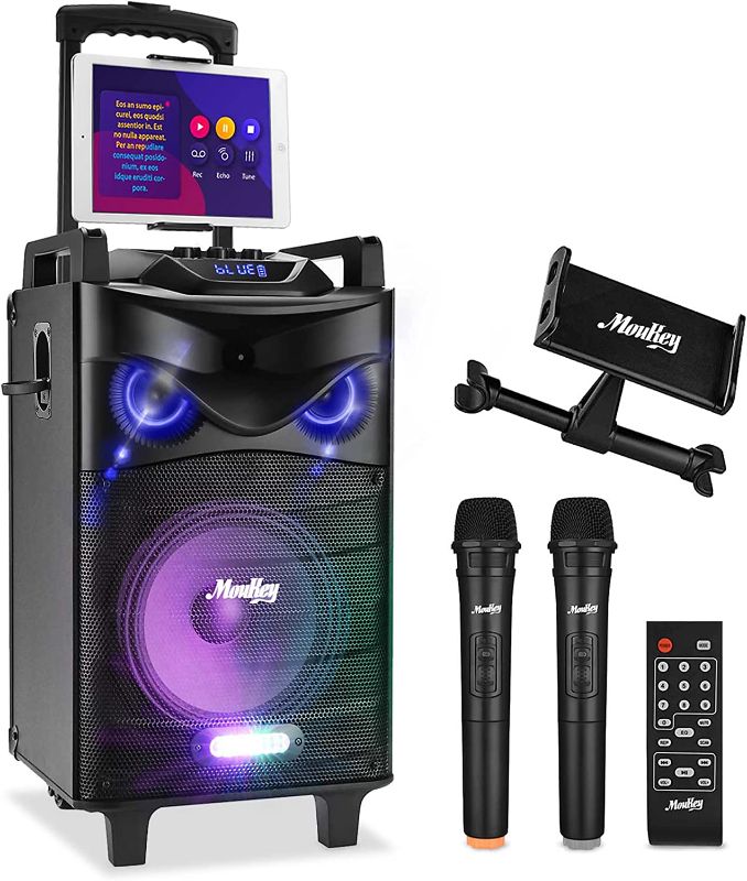 Photo 1 of Moukey Karaoke Machine, PA System Subwoofer, Portable Bluetooth Speaker w/ 2 Wireless Microphones, Lyrics Display Holder, Party Lights & Echo/Treble/Bass Adjustment, Support TWS/REC/AUX/MP3/USB/TF/FM
