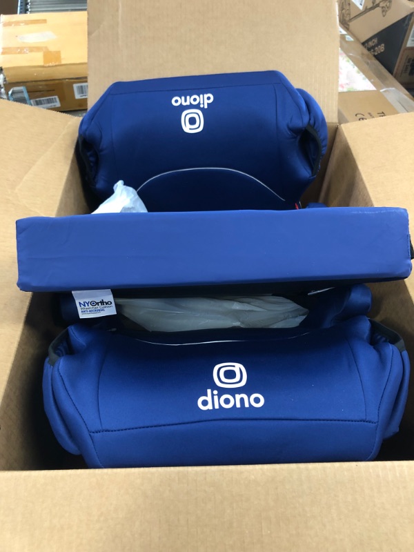 Photo 2 of Diono Solana, No Latch, Pack of 2 Backless Booster Car Seats, Lightweight, Machine Washable Covers, Cup Holders, Blue 2021 2-Pack Blue---------lightly used-------padding has minor scuffs on it due to usage