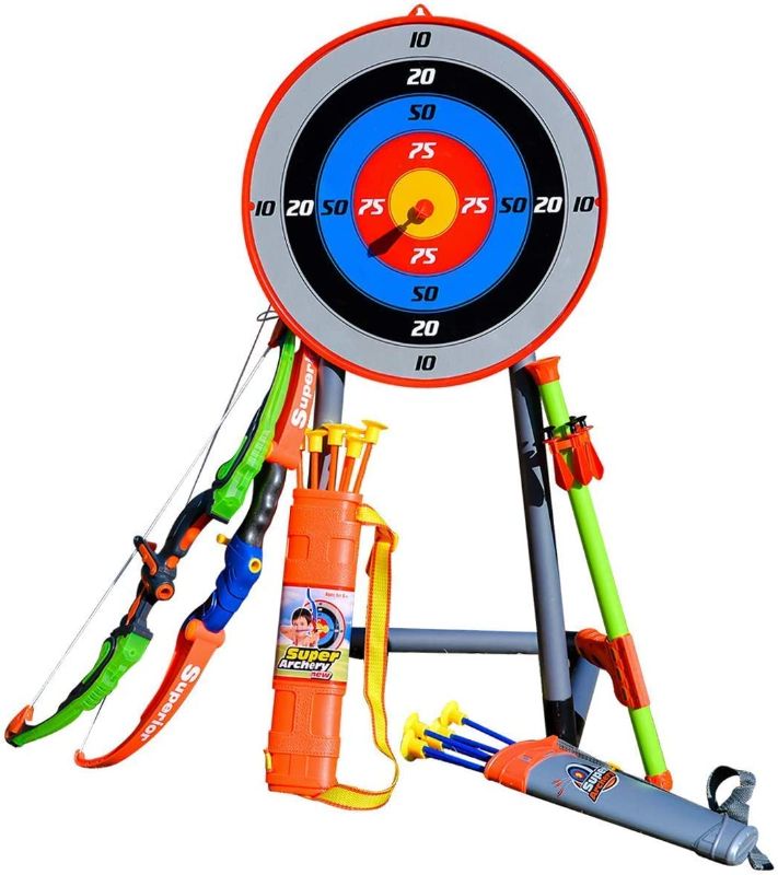 Photo 1 of Bow and Arrow for Kids, Archery Toy Set, 2 Bows & 1 Blowing Bow & 12 Arrows & 5 Quivers & Standing Target, Outdoor Toys for Children Boys Girls
