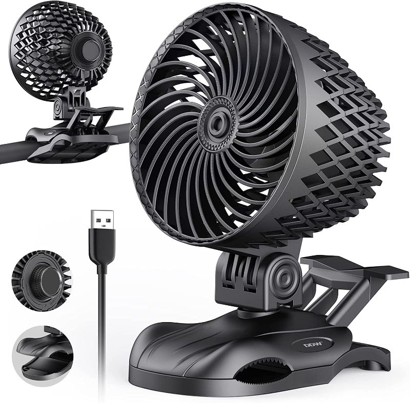 Photo 1 of DDW Small USB Desk Fan, Variable Speed Clip on Fan with Strong Airflow&Sturdy Clamp, 360°Rotation Adjustable Portable Table Cooling Fan for Home Office Car Stroller, Black
