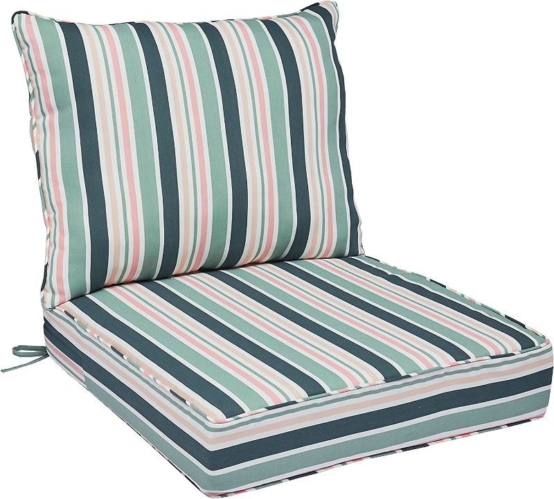 Photo 1 of Amazon Basics Deep Seat Outdoor Patio Seat and Back Cushion Set 25 x 25 x 5 inches and 28 x 22 x 5 Inches, Pink Green Stripe
