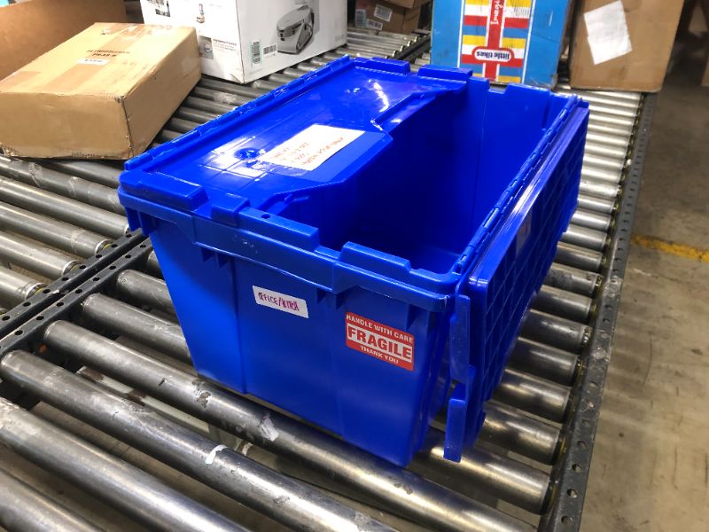 Photo 2 of Akro-Mils 39120 Industrial Plastic Storage Tote with Hinged Attached Lid, (21-Inch L by 15-Inch W by 12-Inch H), Blue, (6-Pack)  *** ITEM HAS MARKS FROM PRIOR USE ***