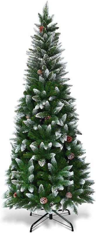 Photo 1 of 5ft Artificial Pencil Christmas Tree, Snow Flocked Unlit Slim Xmas Tree with 21 Pine Cones, 421 PVC Branch Tips, Metal Stand, for Indoor Holiday Home Office Décor