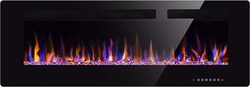 Photo 1 of 50" Electric Fireplace in-Wall Recessed and Wall Mounted 1500W Fireplace Heater and Linear Fireplace with Timer/Multicolor Flames/Touch Screen/Remote Control (Black)------------sealed interior, turns on
