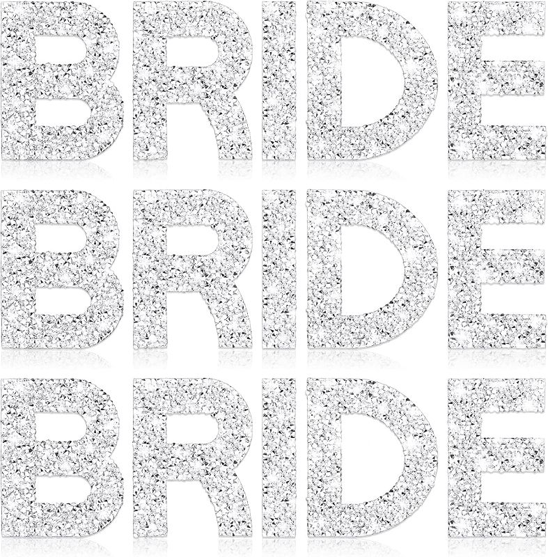Photo 1 of 15 Pcs Bride Patch Pearl Rhinestone Letters Iron on English Letter Patches Stickers Bling Rhinestone Stick on Fabric Letter Glitter Alphabet Decals Hotfix Crystal Stickers for DIY Crafts Clothes Hats
