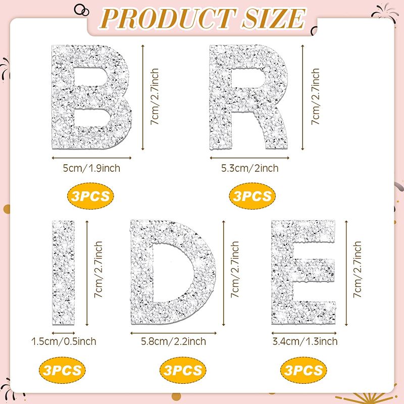 Photo 2 of 15 Pcs Bride Patch Pearl Rhinestone Letters Iron on English Letter Patches Stickers Bling Rhinestone Stick on Fabric Letter Glitter Alphabet Decals Hotfix Crystal Stickers for DIY Crafts Clothes Hats
