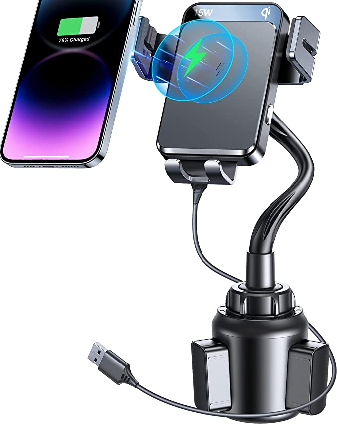 Photo 1 of Wireless Car Charger, Cup Holder Wireless Charger, Tollefe 15W Qi Fast Charging Phone Holder, Auto Clamping Height Adjustable Non-Shaking Phone Mount for iPhone 14 13 12 Pro Max X XR, Samsung S22 S21
