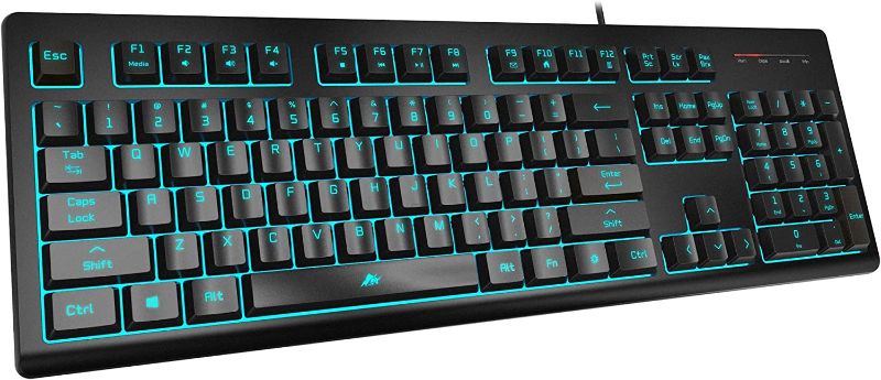 Photo 1 of POWZAN Light Up Quiet Gaming Keyboard - Membrane Silent Wired Keyboard with Low Profile Lighted Key for Computer, Windows PC Gamer - Full Size, Black  -- ONE KEY IS BROKEN --
