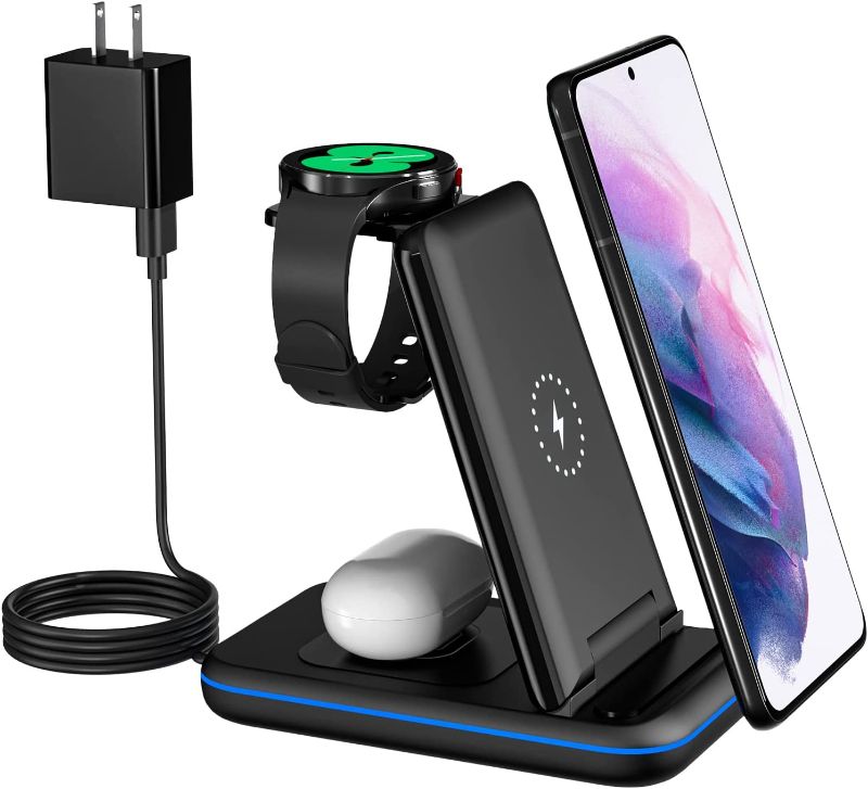 Photo 1 of Wireless Charging Station for Samsung, Earteana 3 in 1 Certified Charger/Stand for Samsung Galaxy S22/S21/S20/Note20/10, Galaxy Watch4/Classic/3/1/Active 2/1, Buds+/Live with Adapter (Black)
