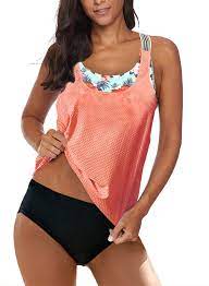 Photo 1 of Aleumdr Womens Blouson Striped Printed Strappy T-Back Push up Tankini Top with Shorts Small orange
