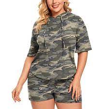 Photo 1 of DEARCASE Women’s Plus Size Short Sleeve Pajamas Set Hoodie With Shorts Lounge Set Casual Sleepwear With Pockets