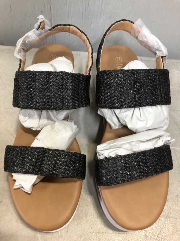 Photo 1 of DREAM PAIRS Women's Casual Summer Dressy Platform Sandals Buckle Ankle Strap Cute Raffia Wedge Shoes 8.5 Black/Raffia