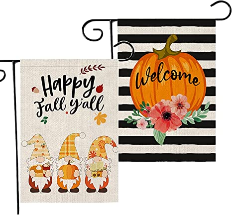 Photo 1 of 2 Pcs Fall Garden Flags 12x18 Inches, Double Sided Buffalo Plaid Gnome and Sunflower Pumpkin Thanksgiving Garden Flags& Banners, Holidays Winter Flags for Outside Home Garden Lawn Decoration
