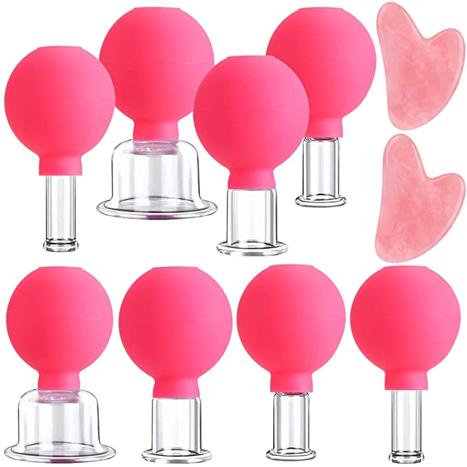 Photo 1 of 10 Pcs Facial Cupping Therapy Set Include 8 Pcs 4 Size Glass Silicone Face Cupping Vacuum Cup and 2 Pcs Gua Sha Facial Tool Pink Facial Scraping Board for Women Beauty Body Face Massage
