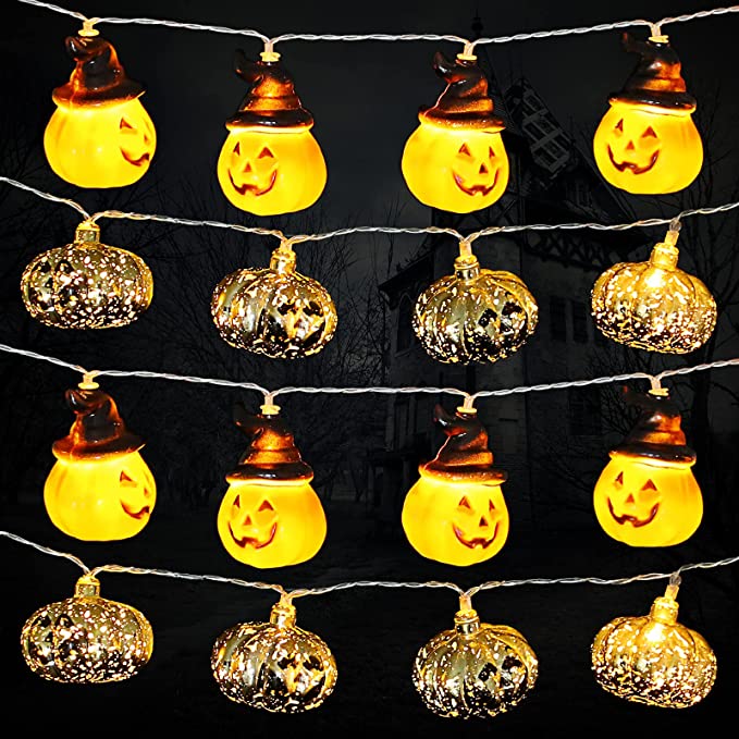 Photo 1 of 2 Pieces 10 Feet 20 Halloween String Lights Pumpkin Lights Halloween Witches Hat LED Pumpkin Golden Pumpkin String Lights for Halloween Party Decorations Outdoor Indoor, Battery Operated
