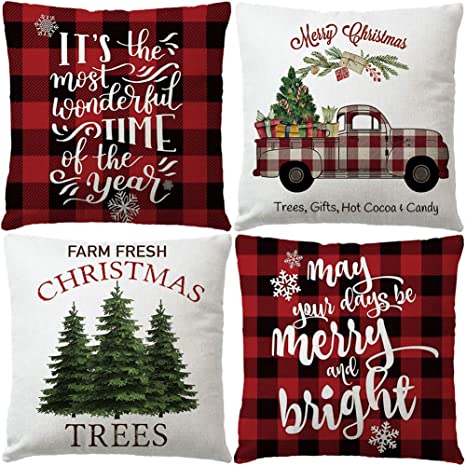 Photo 1 of 7COLORROOM Set of 4 Christmas Decor Pillow Covers Black Buffalo Check Plaid Vintage Truck/Merry Christmas Cushion Cover Farmhouse Christmas Winter Holiday Home Decor Pillowcases 18" x 18"