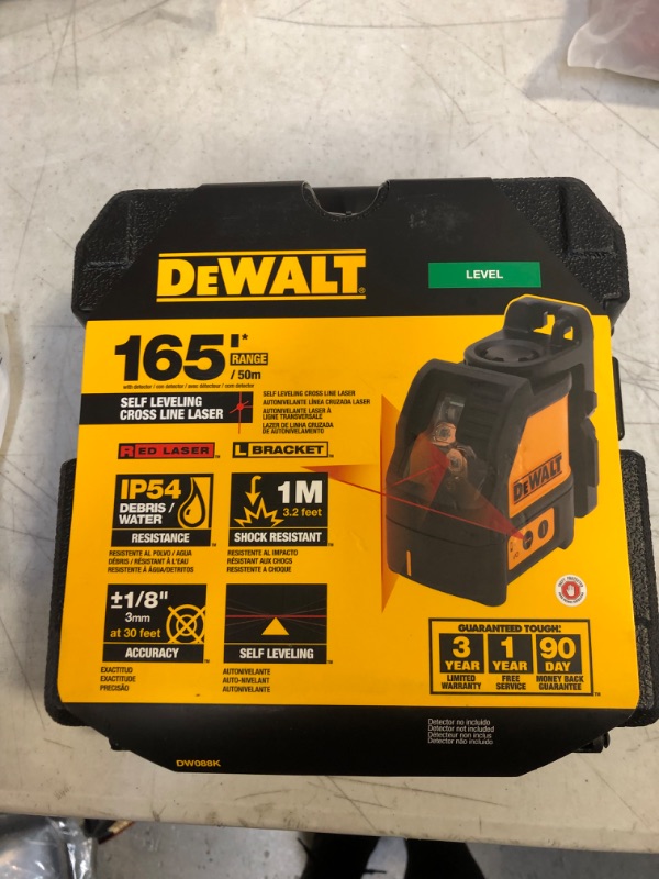 Photo 2 of 165 ft. Red Self-Leveling Cross-Line Laser Level  & Case DEWALT Line Laser, Self-Leveling, Cross Line, Red Beam (DW088K)
FACTORY SEALED
