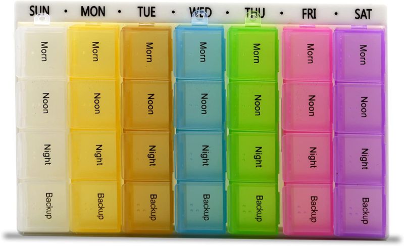 Photo 1 of 7 Days Pill Organizer Tablet Box Weekly Medication Case Daily AM Morning Noon PM Night Backup Container Compartments Detachable Dispenser (28 Compartments)
FACTORY SEALED