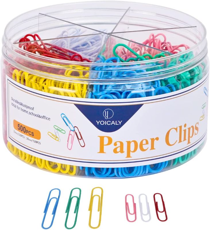 Photo 1 of 500 Paper Clips Assorted Sizes, Small and Jumbo Paper Clips, Durable & Rustproof Coated Paper Clips, Colorful Paper Clips Suitable for Home, School, Office(Multicolored)
