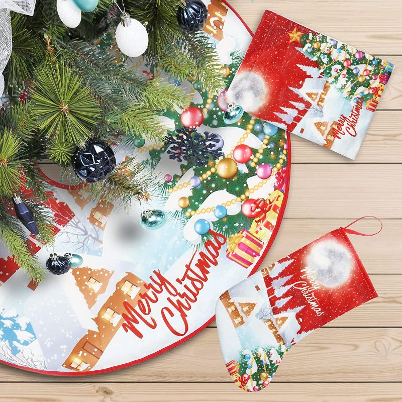 Photo 1 of RoseCraft 3PCS Christmas Tree Decorations Including 47" Christmas Tree Skirt, 6" X 9" Sack, 7.8" X 12" Christmas Socking, for Home Indoor Holiday Party Xmas Tree Decor.
