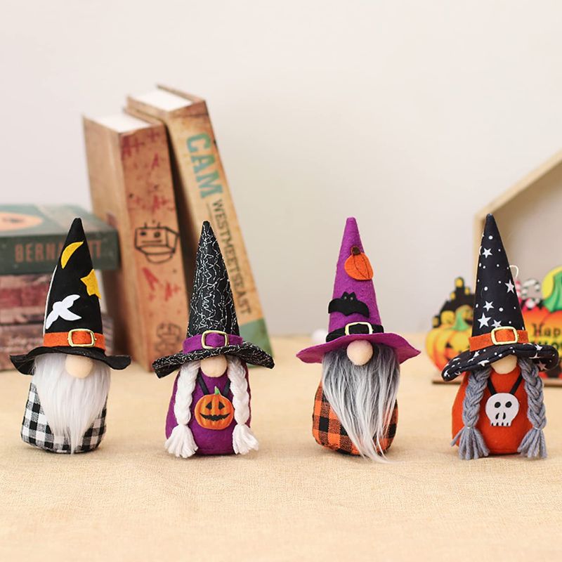 Photo 1 of Adurself 4PCS Halloween Gnomes Plush with 4 Different Designs of Witch Cloak Hat Scandinavian Tomte Elf Halloween Gnomes Decorations Fireplace Table Decor Indoor Home Party Toys for Kids Adults
